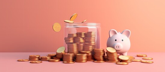 Coins going into a jar next to a piggy bank