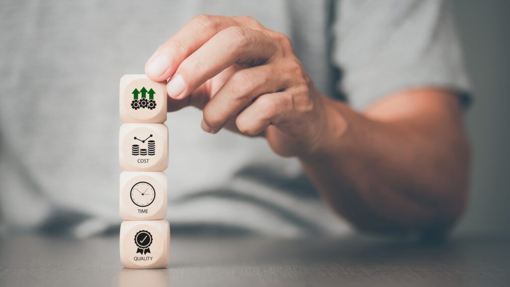 Wooden blocks labelled Cost, Time and Quality with upward green arrows, representing the factors that shape the cost of a lifetime mortgage