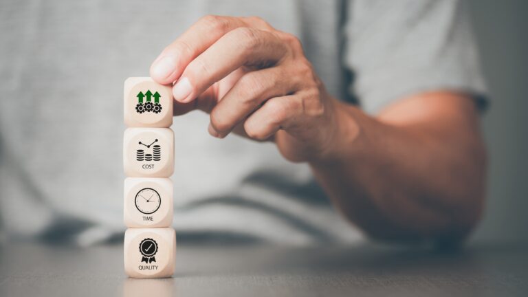 Wooden blocks labelled Cost, Time and Quality with upward green arrows, representing the factors that shape the cost of a lifetime mortgage