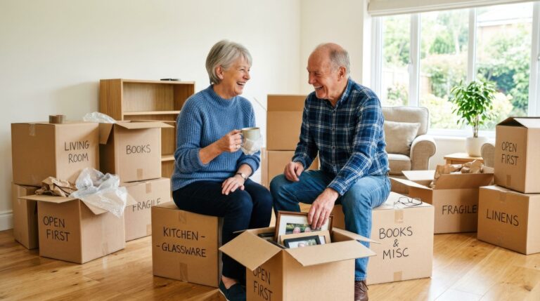 An older couple unpacking boxes and sharing a laugh in their new, smaller home.